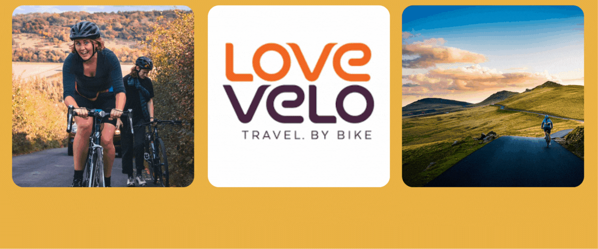 two photos of people biking up a mountain, text says £1000 Bike Holiday and Love Velo logo two photos of people biking up a mountain, text says £1000 Bike Holiday and Love Velo logo