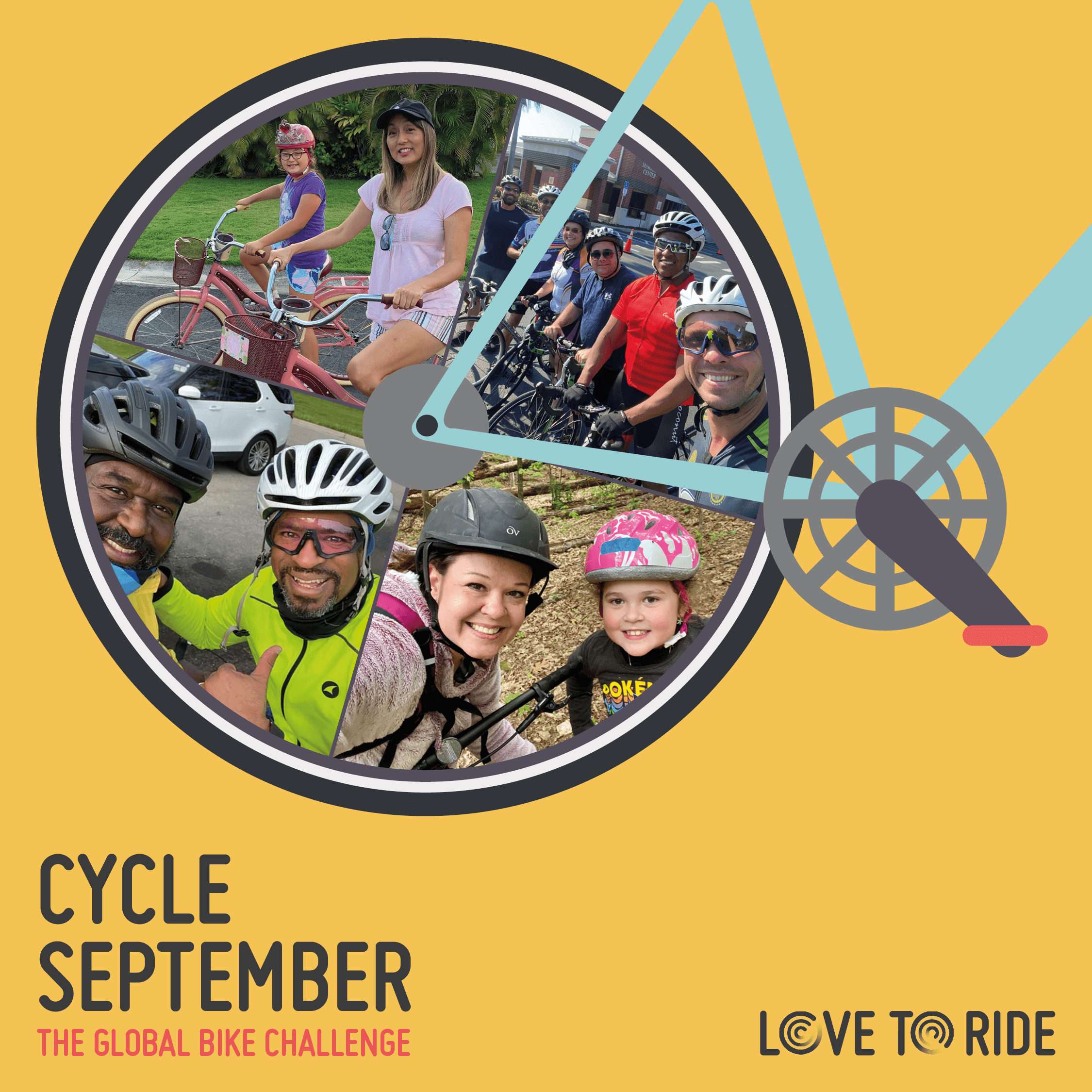 Yellow square asset saying 'Cycle September - the global bike challenge' with a bike illustration contains photos of happy riders inside the wheel. Yellow square asset saying 'Cycle September - the global bike challenge' with a bike illustration contains photos of happy riders inside the wheel.