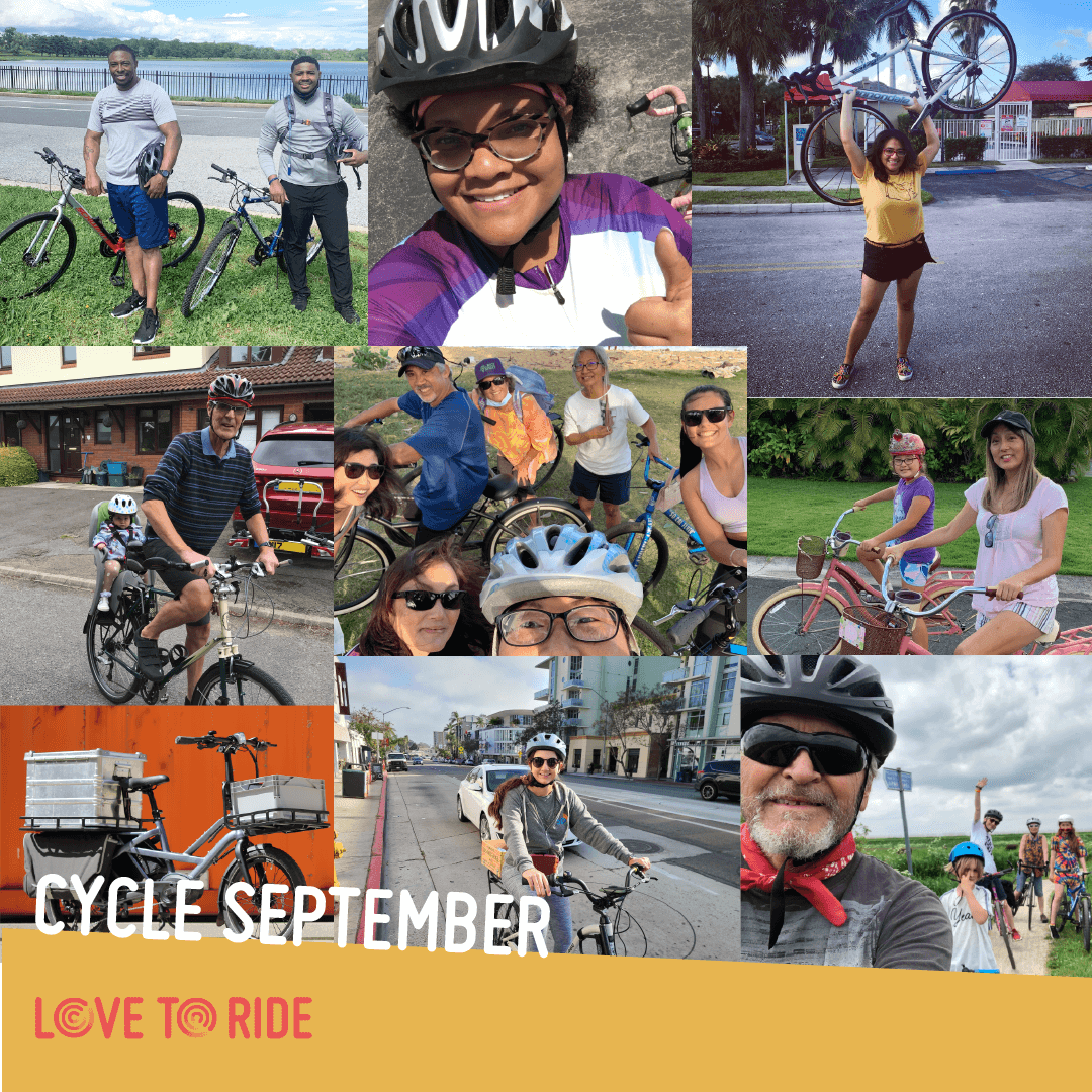 A square collage of photos of happy riders with the text ‘Cycle September’ and the Love to Ride logo. A square collage of photos of happy riders with the text ‘Cycle September’ and the Love to Ride logo.