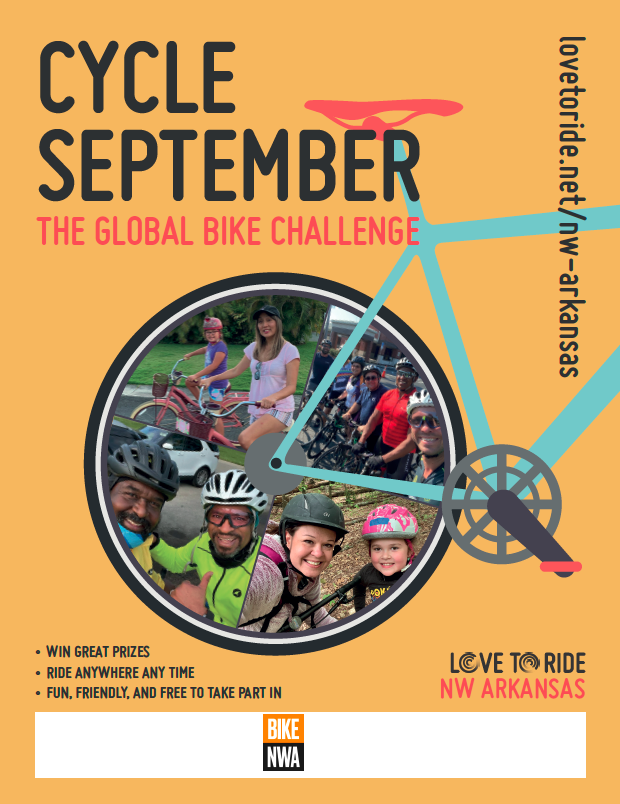 Yellow poster saying 'Cycle September - the global bike challenge' with a bike illustration contains photos of happy riders inside the wheel. Three bullet points saying 'win great prizes; ride anywhere any time; fun, friendly and free to take part in' Yellow poster saying 'Cycle September - the global bike challenge' with a bike illustration contains photos of happy riders inside the wheel. Three bullet points saying 'win great prizes; ride anywhere any time; fun, friendly and free to take part in'