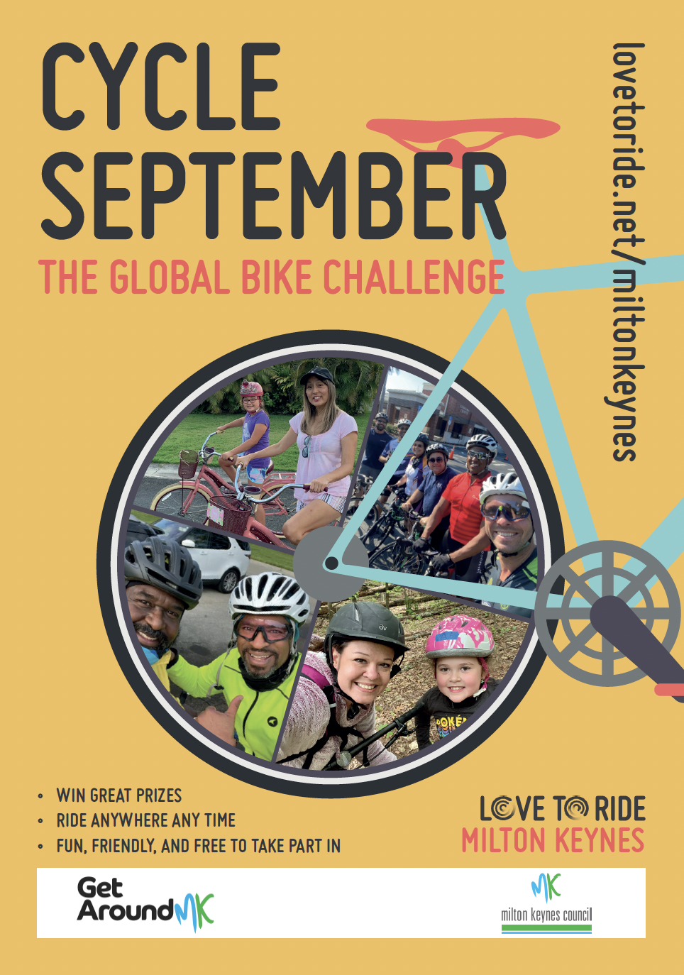 Yellow poster saying 'Cycle September - the global bike challenge' with a bike illustration contains photos of happy riders inside the wheel. Three bullet points saying 'win great prizes; ride anywhere any time; fun, friendly and free to take part in'. Yellow poster saying 'Cycle September - the global bike challenge' with a bike illustration contains photos of happy riders inside the wheel. Three bullet points saying 'win great prizes; ride anywhere any time; fun, friendly and free to take part in'.