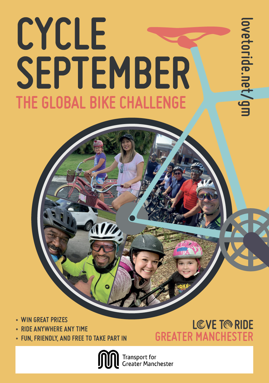 Yellow poster saying 'Cycle September - the global bike challenge' with a bike illustration contains photos of happy riders inside the wheel. Three bullet points saying 'win great prizes; ride anywhere any time; fun, friendly and free to take part in'. Yellow poster saying 'Cycle September - the global bike challenge' with a bike illustration contains photos of happy riders inside the wheel. Three bullet points saying 'win great prizes; ride anywhere any time; fun, friendly and free to take part in'.