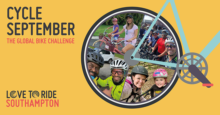 Yellow rectangular asset saying 'Cycle September - the global bike challenge' with a bike illustration contains photos of happy riders inside the wheel. Yellow rectangular asset saying 'Cycle September - the global bike challenge' with a bike illustration contains photos of happy riders inside the wheel.