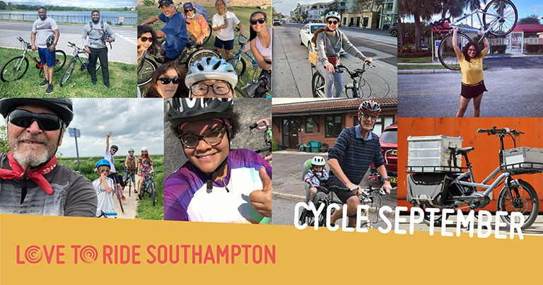A collage of photos of happy riders with the text ‘Cycle September’ and the Love to Ride logo. A collage of photos of happy riders with the text ‘Cycle September’ and the Love to Ride logo.