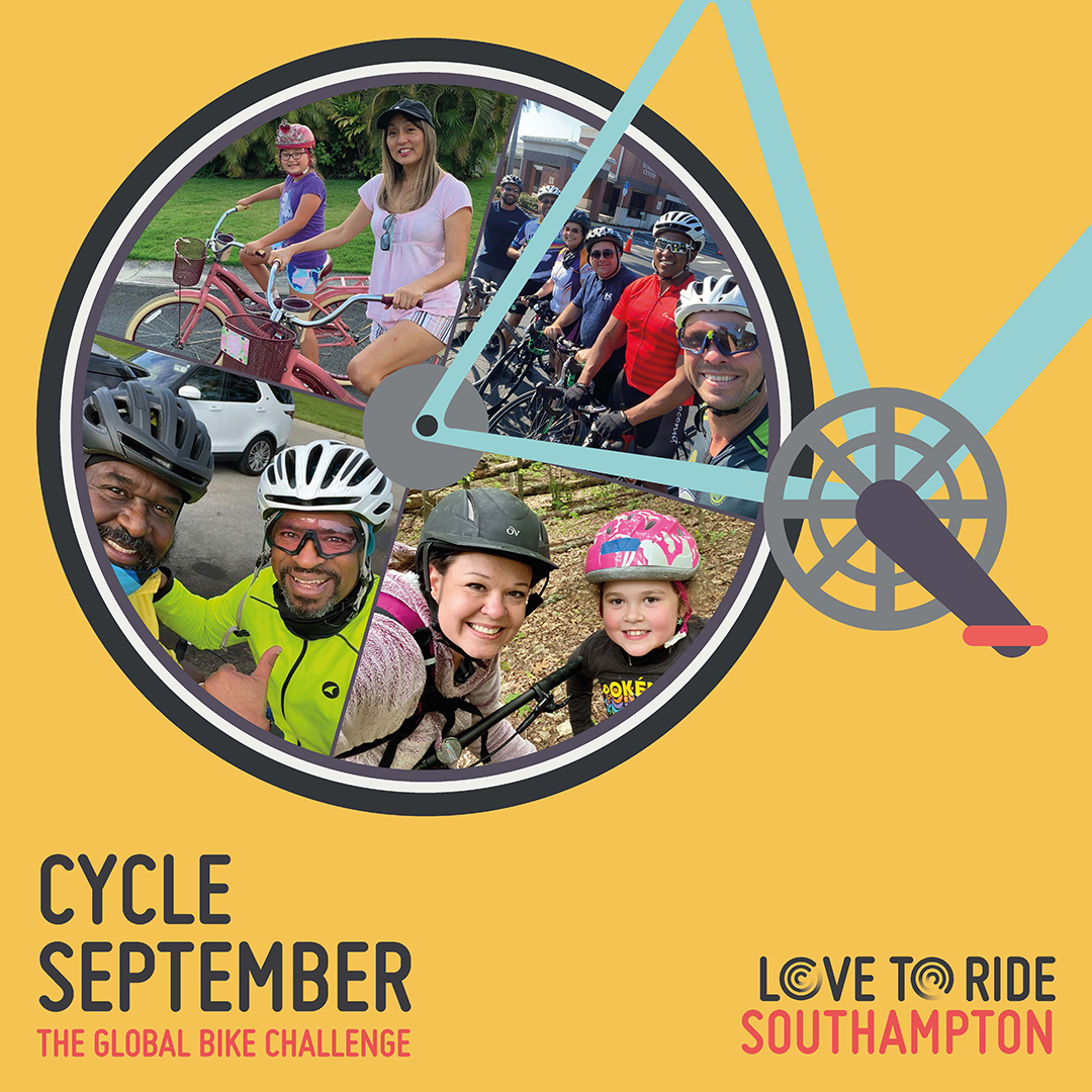 Yellow square asset saying 'Cycle September - the global bike challenge' with a bike illustration which contains photos of happy riders inside the wheel. Yellow square asset saying 'Cycle September - the global bike challenge' with a bike illustration which contains photos of happy riders inside the wheel.