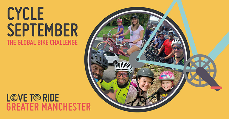 Yellow rectangular asset saying 'Cycle September - the global bike challenge' with a bike illustration contains photos of happy riders inside the wheel. Yellow rectangular asset saying 'Cycle September - the global bike challenge' with a bike illustration contains photos of happy riders inside the wheel.