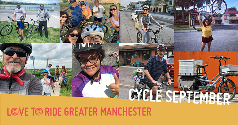 A collage of photos of happy riders with the text ‘Cycle September’ and the Love to Ride logo. A collage of photos of happy riders with the text ‘Cycle September’ and the Love to Ride logo.
