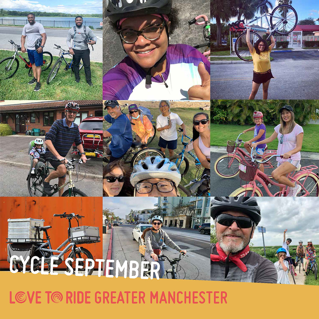A square collage of photos of happy riders with the text ‘Cycle September’ and the Love to Ride logo. A square collage of photos of happy riders with the text ‘Cycle September’ and the Love to Ride logo.