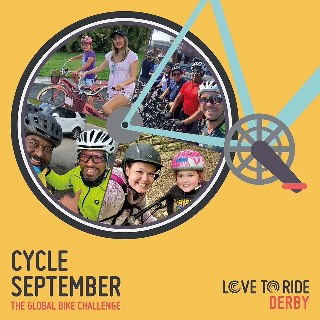 Yellow square asset saying 'Cycle September - the global bike challenge' with a bike illustration contains photos of happy riders inside the wheel. Yellow square asset saying 'Cycle September - the global bike challenge' with a bike illustration contains photos of happy riders inside the wheel.