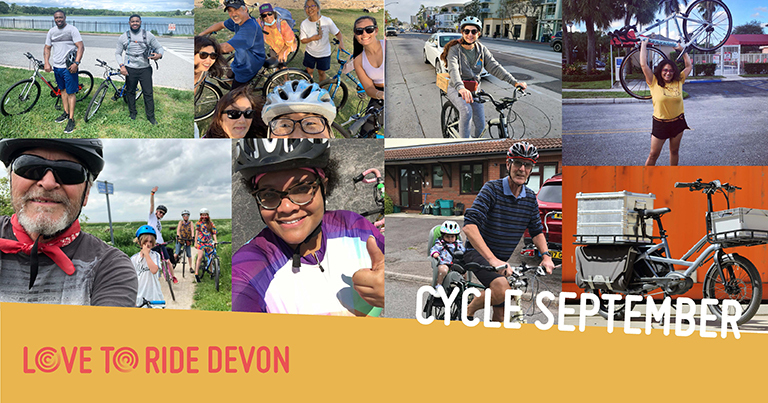 A collage of photos of happy riders with the text ‘Cycle September’ and the Love to Ride logo. A collage of photos of happy riders with the text ‘Cycle September’ and the Love to Ride logo.