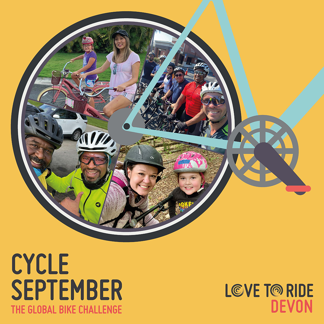 Yellow square asset saying 'Cycle September - the global bike challenge' with a bike illustration which contains photos of happy riders inside the wheel. Yellow square asset saying 'Cycle September - the global bike challenge' with a bike illustration which contains photos of happy riders inside the wheel.