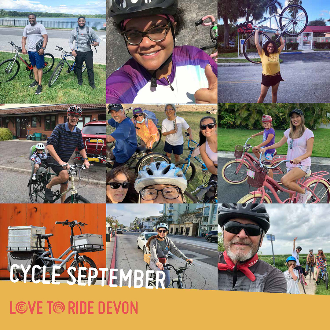 A square collage of photos of happy riders with the text ‘Cycle September’ and the Love to Ride logo. A square collage of photos of happy riders with the text ‘Cycle September’ and the Love to Ride logo.