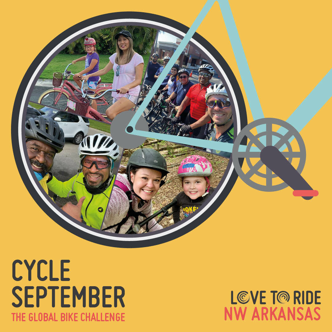 Yellow square asset saying 'Cycle September - the global bike challenge' with a bike illustration contains photos of happy riders inside the wheel. Yellow square asset saying 'Cycle September - the global bike challenge' with a bike illustration contains photos of happy riders inside the wheel.