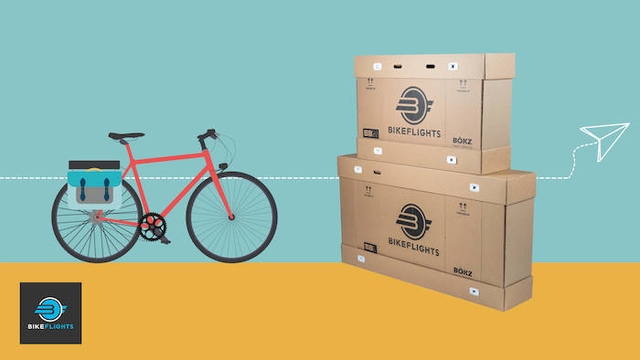 On the left a graphic of a red bike. On the right, an image of a BikeFlight Bike Box stacked on top of another. A paper aeroplane dotted line runs through them both. At the bottom the BikeFlight logo is displayed. On the left a graphic of a red bike. On the right, an image of a BikeFlight Bike Box stacked on top of another. A paper aeroplane dotted line runs through them both. At the bottom the BikeFlight logo is displayed.