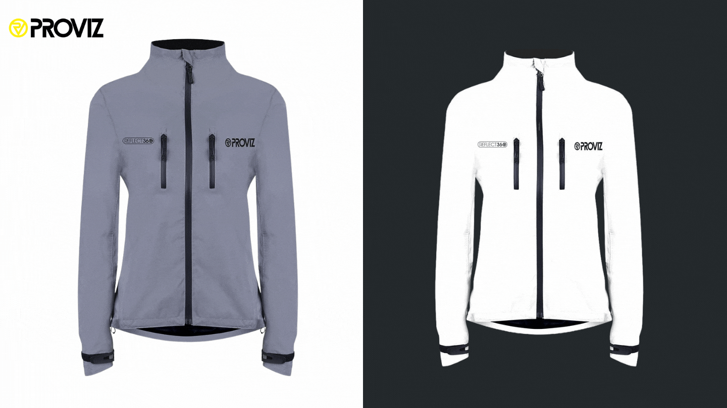 On the left an image of a grey Proviz 360 jacket. On the right, the same image of a Proviz 360 jacket but with a reflective effect. Animated lines surround the image. At the bottom the Proviz logo is displayed. On the left an image of a grey Proviz 360 jacket. On the right, the same image of a Proviz 360 jacket but with a reflective effect. Animated lines surround the image. At the bottom the Proviz logo is displayed.