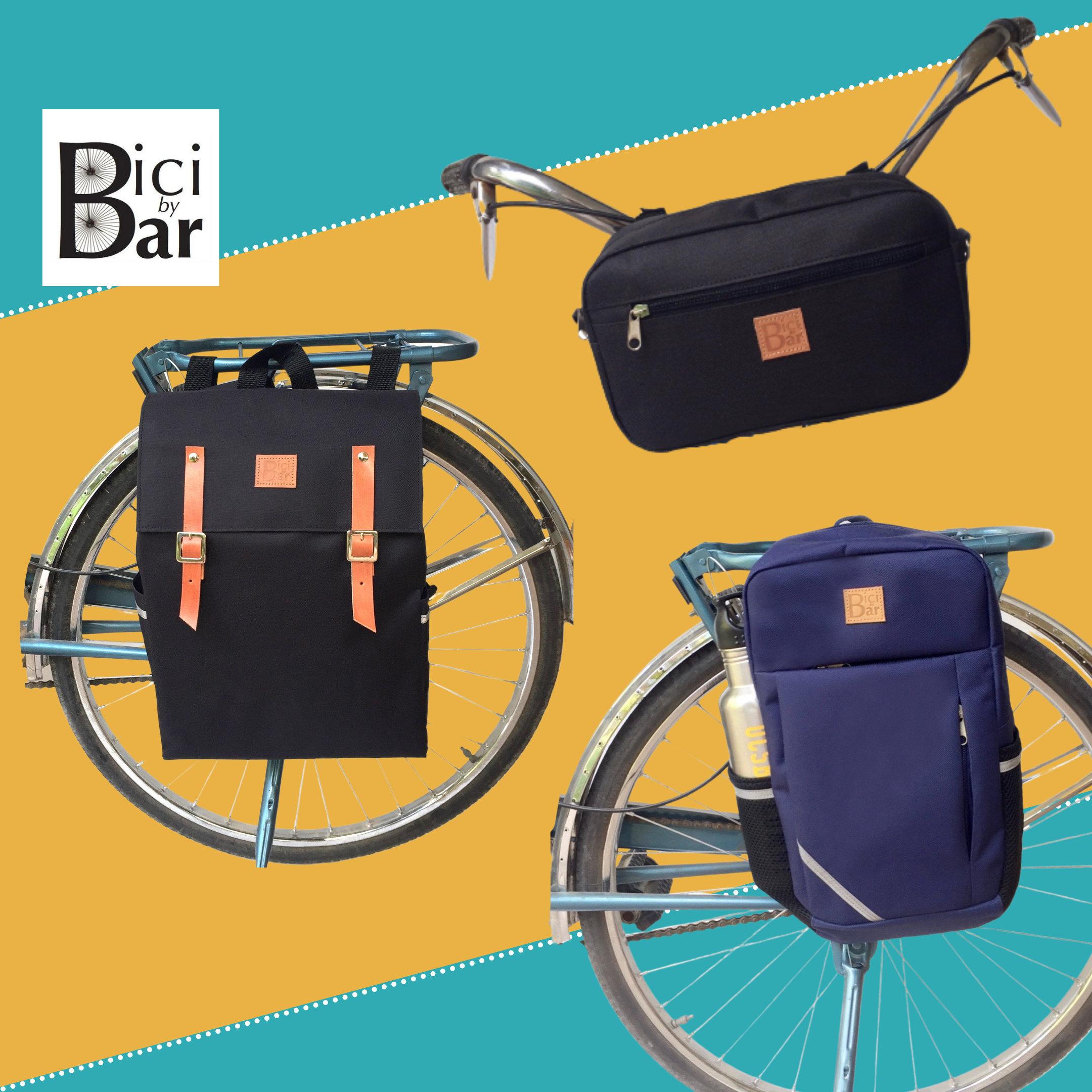 A square image containing 3 images. At the top, a black Bike Pack Handlebar Bag is displayed on a set of handlebars. Top the left, a Gaucho Black Waterproof Backpack Pannier displayed on a wheel. To the right, a blue Sports Pannier displayed on a wheel. The BiciBar logo is displayed. A square image containing 3 images. At the top, a black Bike Pack Handlebar Bag is displayed on a set of handlebars. Top the left, a Gaucho Black Waterproof Backpack Pannier displayed on a wheel. To the right, a blue Sports Pannier displayed on a wheel. The BiciBar logo is displayed.