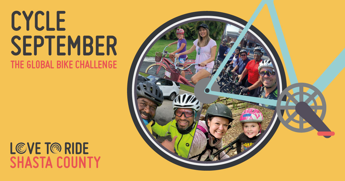 Yellow rectangular asset saying 'Cycle September - the global bike challenge' with a bike illustration contains photos of happy riders inside the wheel. Yellow rectangular asset saying 'Cycle September - the global bike challenge' with a bike illustration contains photos of happy riders inside the wheel.