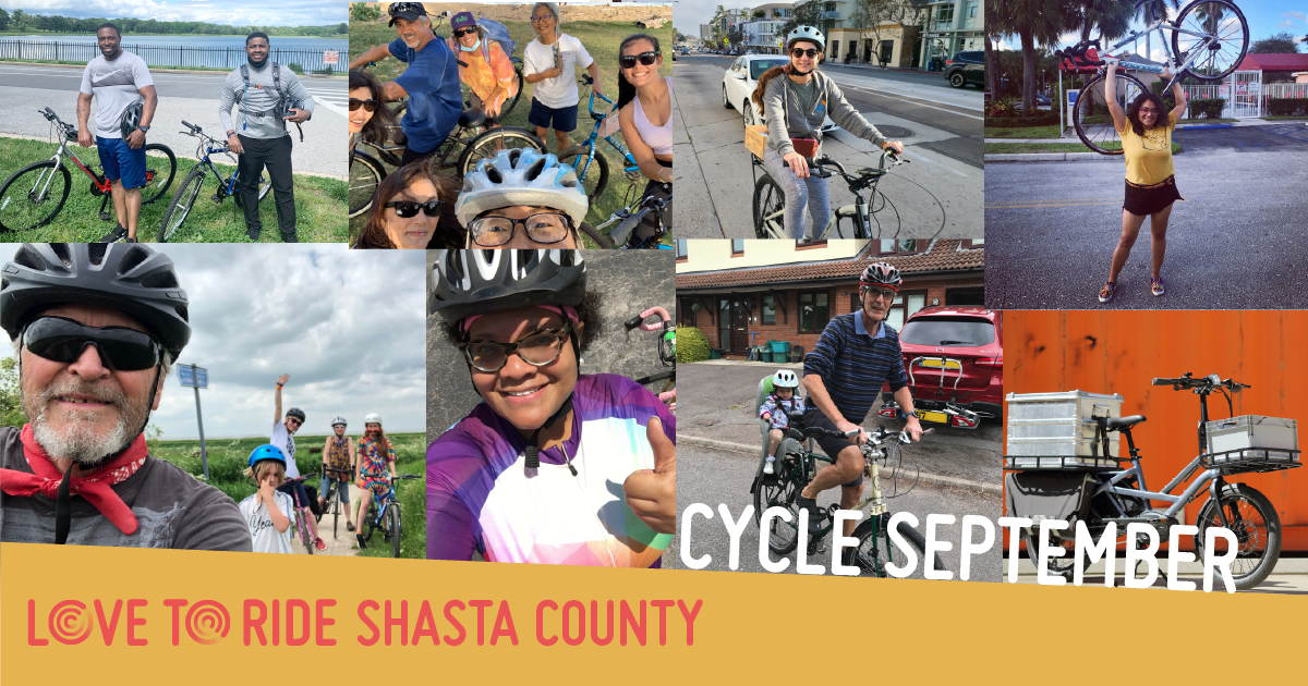 A collage of photos of happy riders with the text ‘Cycle September’ and the Love to Ride logo. A collage of photos of happy riders with the text ‘Cycle September’ and the Love to Ride logo.