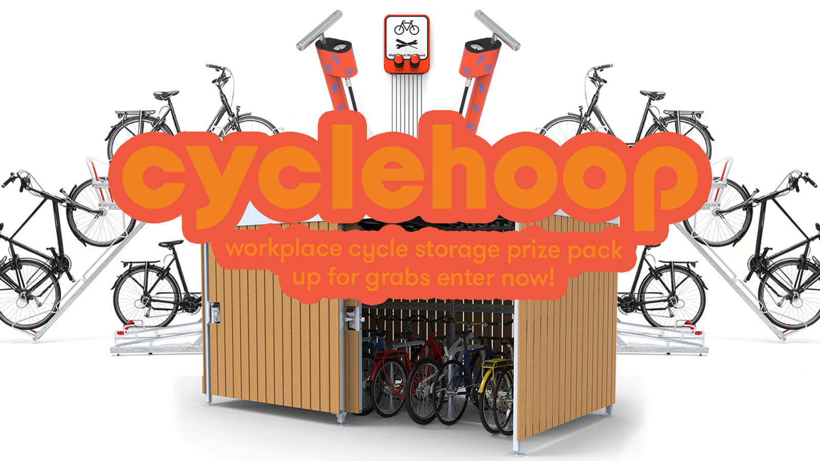 A bike shed in the centre, surrounded by bikes on leaning cycle stands. In the centre is the Cyclehoop logo and underneath it says 'workplace cycle storage prize pack up for grabs enter now!' A bike shed in the centre, surrounded by bikes on leaning cycle stands. In the centre is the Cyclehoop logo and underneath it says 'workplace cycle storage prize pack up for grabs enter now!'