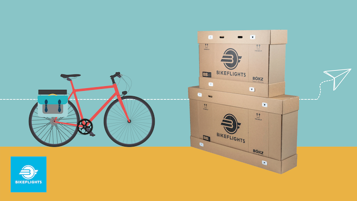 On the left a graphic of a red bike. On the right, an image of a BikeFlight Bike Box stacked on top of another. A paper aeroplane dotted line runs through them both. At the bottom the BikeFlight logo is displayed. On the left a graphic of a red bike. On the right, an image of a BikeFlight Bike Box stacked on top of another. A paper aeroplane dotted line runs through them both. At the bottom the BikeFlight logo is displayed.