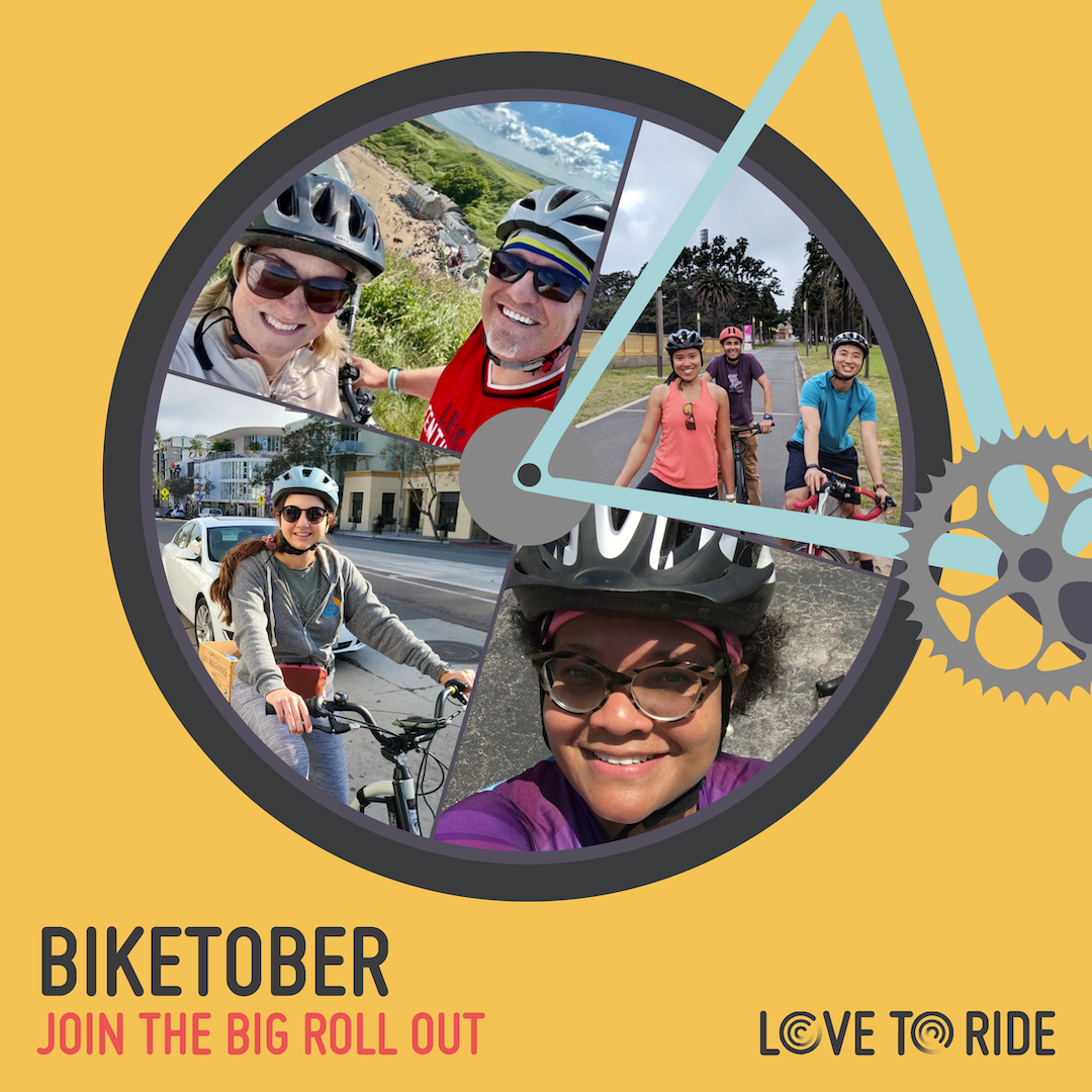 Yellow square asset saying 'Biketober- join the big rollout' with a bike illustration contains photos of happy riders inside the wheel. Yellow square asset saying 'Biketober- join the big rollout' with a bike illustration contains photos of happy riders inside the wheel.
