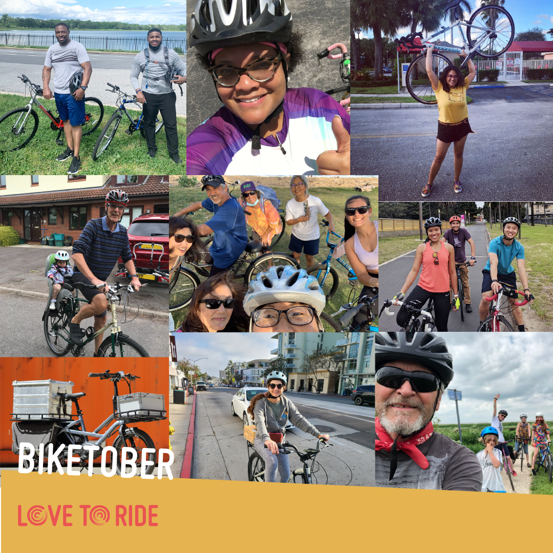 A square collage of photos of happy riders with the text ‘Biketober’ and the Love to Ride logo. A square collage of photos of happy riders with the text ‘Biketober’ and the Love to Ride logo.