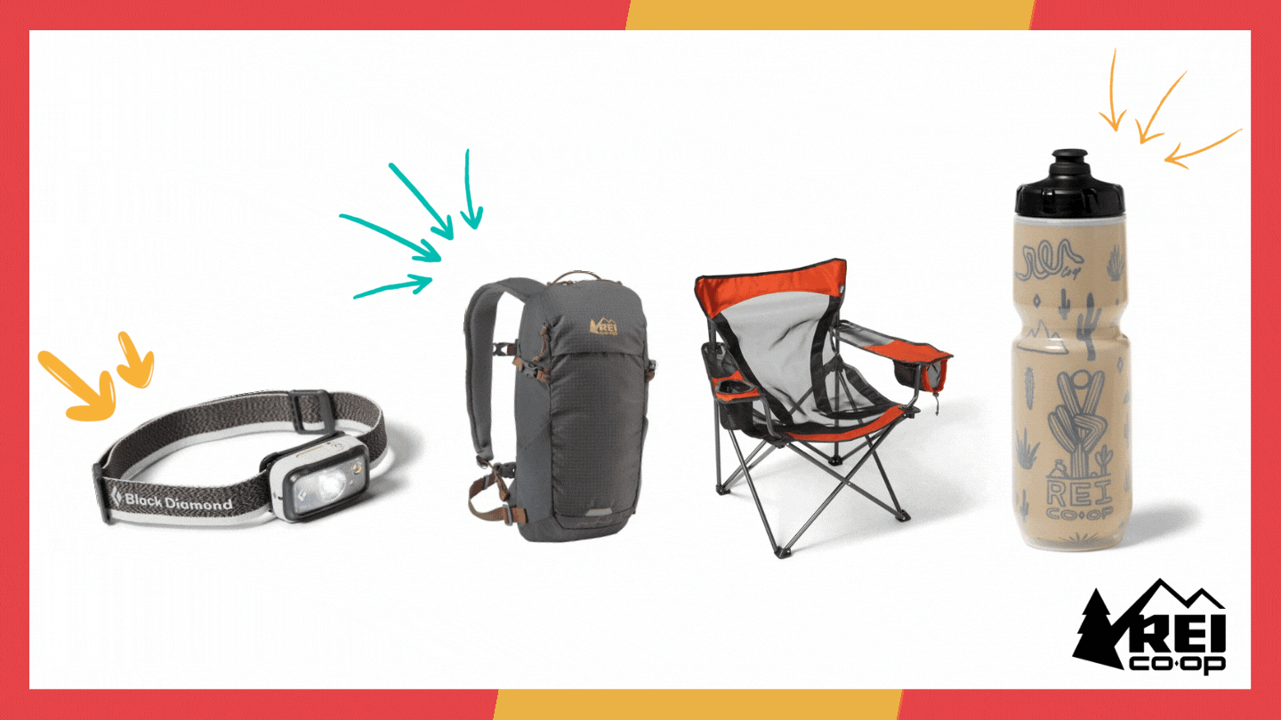 a headlamp, backpack, camping chair and a water bottle with animated arrows and the REI logo a headlamp, backpack, camping chair and a water bottle with animated arrows and the REI logo