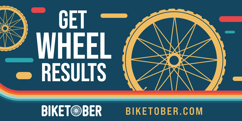 Rectangular graphic with illustrations of wheels. The text says "Biketober - Get wheel results. biketober.com" Rectangular graphic with illustrations of wheels. The text says "Biketober - Get wheel results. biketober.com"