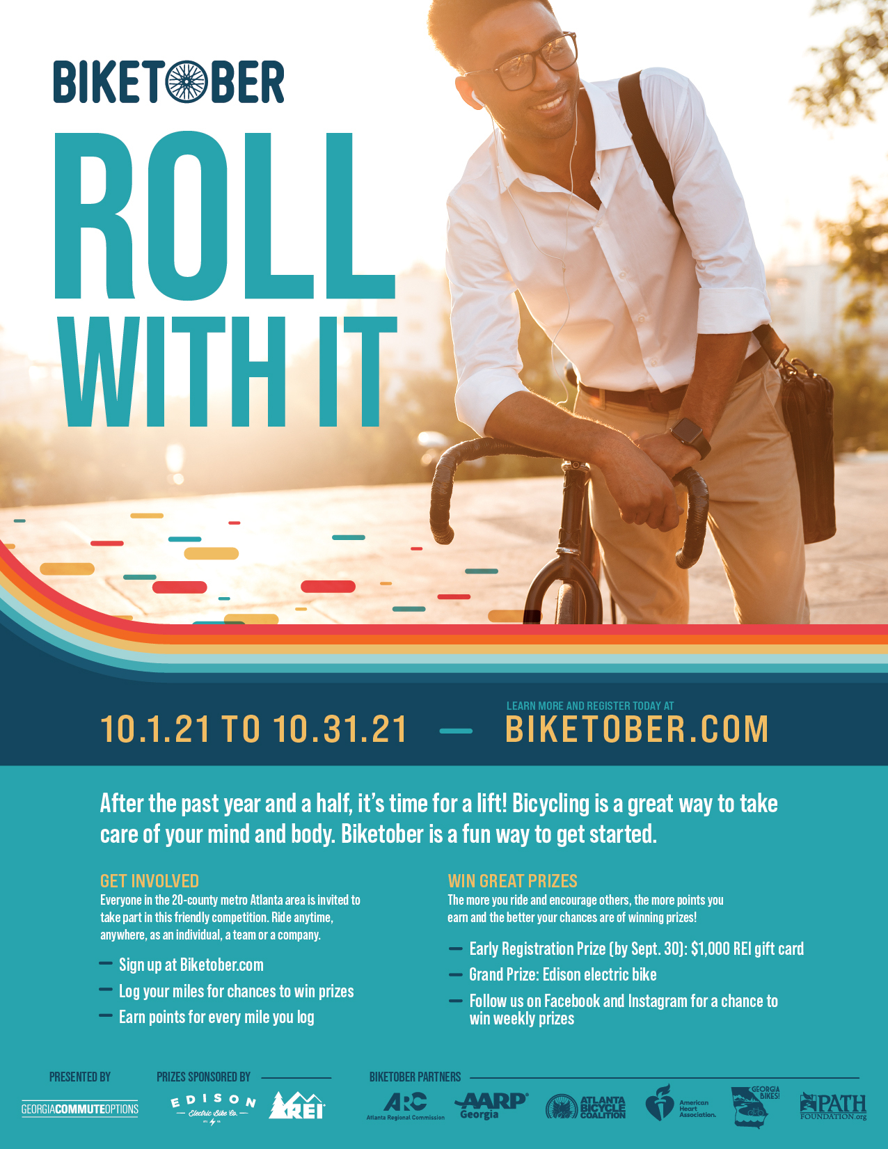 Preview of a flyer with the text "Roll with it" overlaid an image of a man on a bike riding to work. Below there is information about the challenge, which can be found at lovetoride.net/atlanta/pages/info Preview of a flyer with the text "Roll with it" overlaid an image of a man on a bike riding to work. Below there is information about the challenge, which can be found at lovetoride.net/atlanta/pages/info