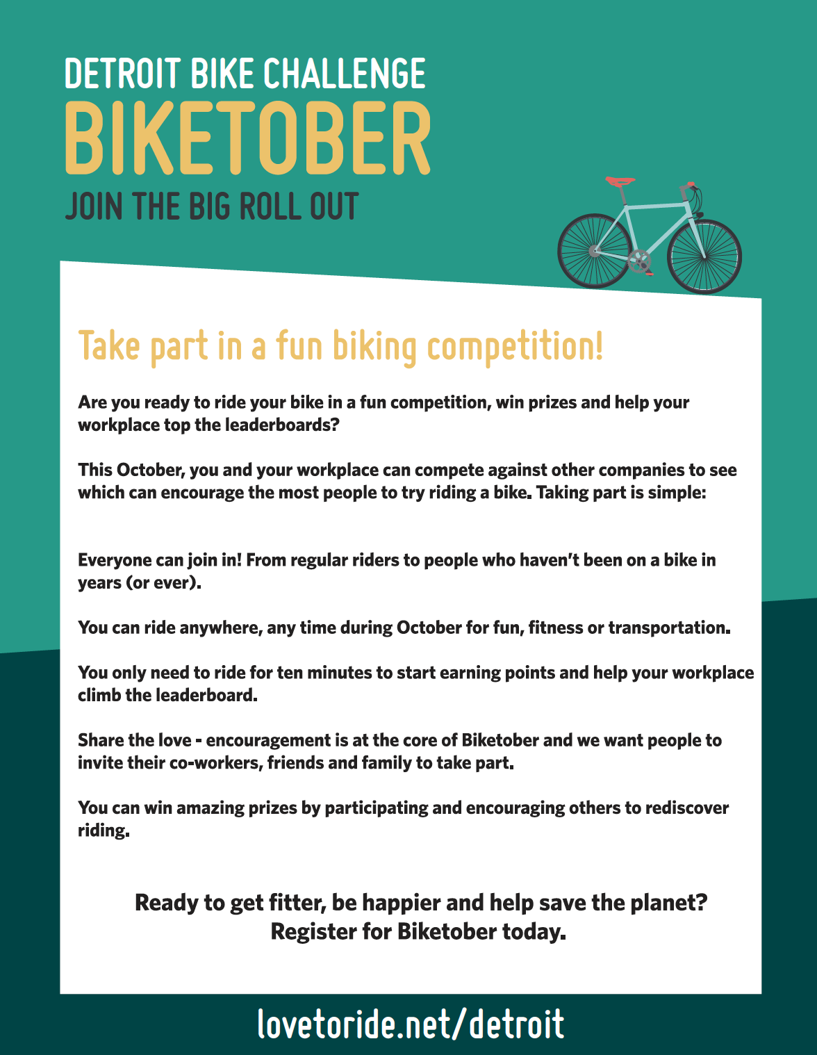 Biketober poster with images or riders inside an illustrated bike wheel On the back is information about how to participate (can be read at lovetoride.net/detroit/pages/info) Biketober poster with images or riders inside an illustrated bike wheel On the back is information about how to participate (can be read at lovetoride.net/detroit/pages/info)