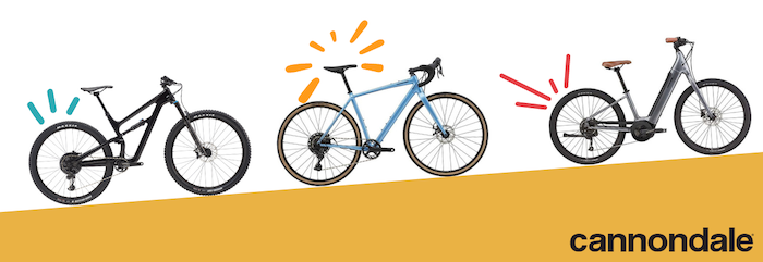 Three Cannondale bikes on a sloping yellow block at the bottom. Colourful lines surround the bikes to highlight them. Three Cannondale bikes on a sloping yellow block at the bottom. Colourful lines surround the bikes to highlight them.