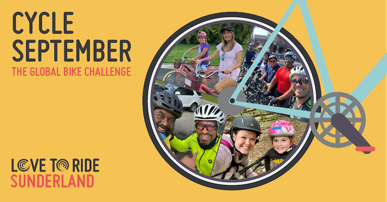 Yellow rectangular asset saying 'Cycle September - the global bike challenge' with a bike illustration contains photos of happy riders inside the wheel. Yellow rectangular asset saying 'Cycle September - the global bike challenge' with a bike illustration contains photos of happy riders inside the wheel.