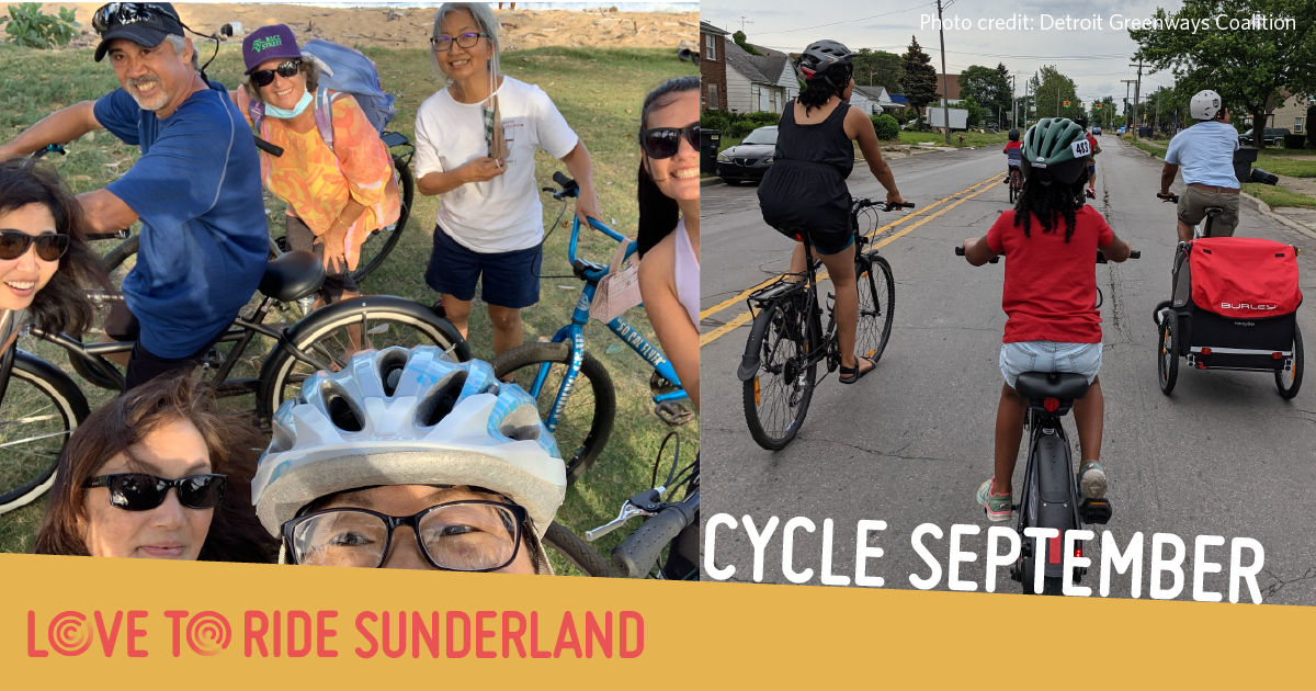 A collage of photos of happy riders with the text ‘Cycle September’ and the Love to Ride logo. A collage of photos of happy riders with the text ‘Cycle September’ and the Love to Ride logo.