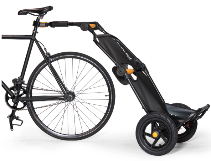 Burley Travoy cargo bike trailor in back shown attached to the back of an all black bike Burley Travoy cargo bike trailor in back shown attached to the back of an all black bike