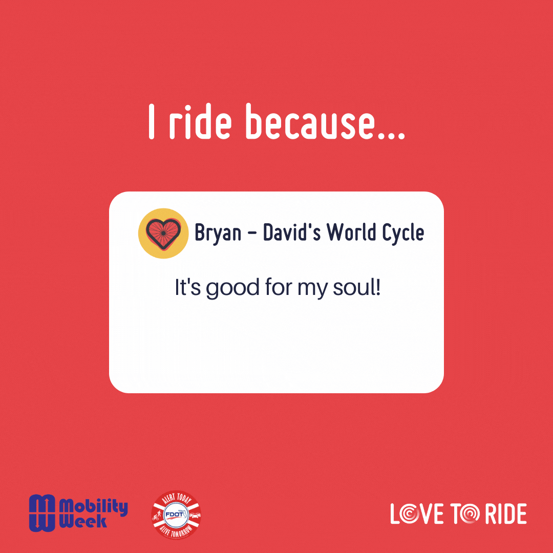 Animated GIF saying 'I ride because' at the top. Underneath are slides of messages from Love to Ride users 'It's good for my soul', 'It boosts my energy and stimulates my happiness', 'It's fun, keeps me healthy, and is a great way to get fresh air and clear my head', 'It makes me feel strong and is a great way to enjoy the outdoors'. Animated GIF saying 'I ride because' at the top. Underneath are slides of messages from Love to Ride users 'It's good for my soul', 'It boosts my energy and stimulates my happiness', 'It's fun, keeps me healthy, and is a great way to get fresh air and clear my head', 'It makes me feel strong and is a great way to enjoy the outdoors'.