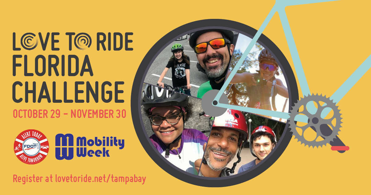 Yellow rectangular asset saying 'Love to Ride Florida Challenge - October 29 - November 30' with a bike illustration contains photos of happy riders inside the wheel. Yellow rectangular asset saying 'Love to Ride Florida Challenge - October 29 - November 30' with a bike illustration contains photos of happy riders inside the wheel.