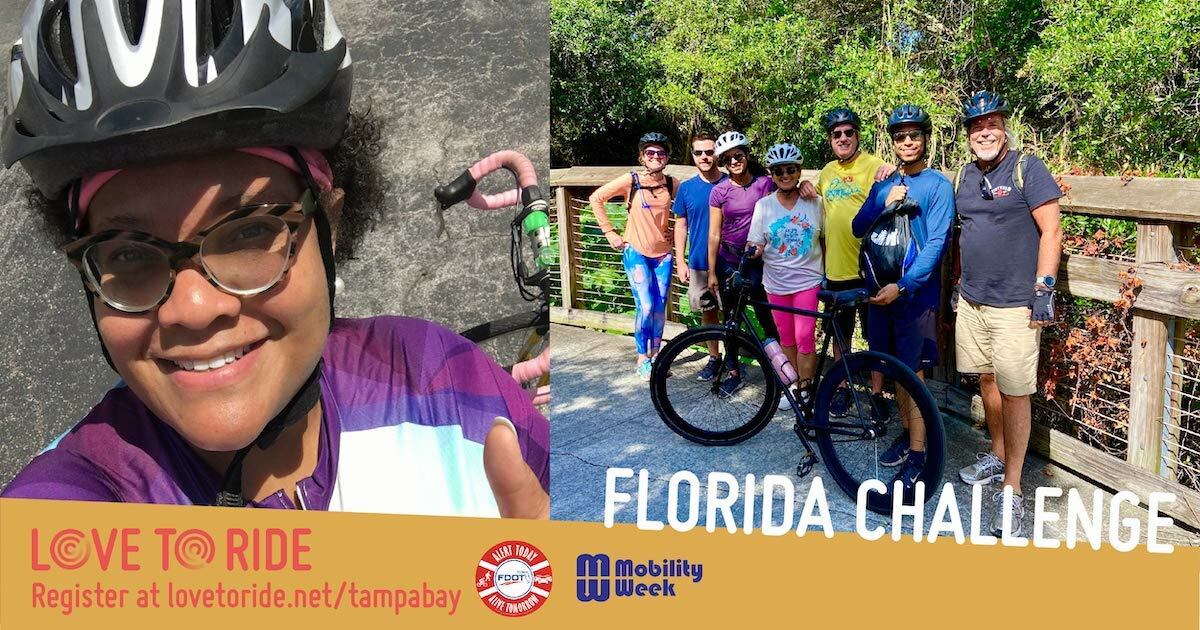 Two photos of happy riders with the text ‘Florida Challenge’ and logos for Love to Ride, Alert Today and Mobility Week. logo. Two photos of happy riders with the text ‘Florida Challenge’ and logos for Love to Ride, Alert Today and Mobility Week. logo.