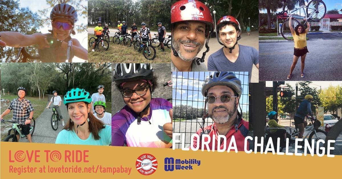 A collage of photos of happy riders with the text ‘Florida Challenge’ and logos for Love to Ride, Alert Today and Mobility Week. A collage of photos of happy riders with the text ‘Florida Challenge’ and logos for Love to Ride, Alert Today and Mobility Week.