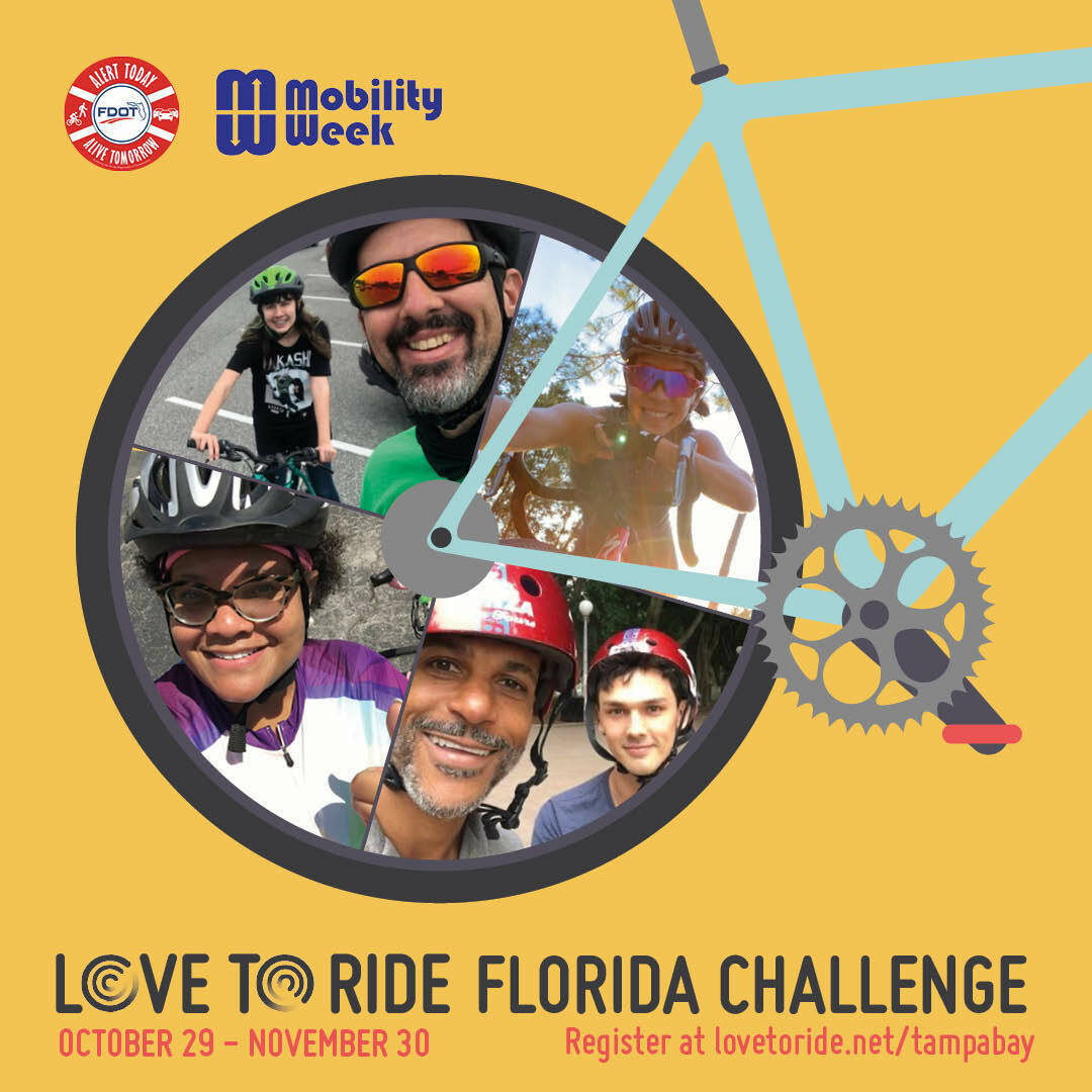 Yellow square asset saying 'Love to Ride Florida Challenge - October 29 - November 30' with a bike illustration contains photos of happy riders inside the wheel. Yellow square asset saying 'Love to Ride Florida Challenge - October 29 - November 30' with a bike illustration contains photos of happy riders inside the wheel.