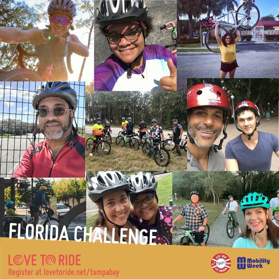 A collage of photos of happy riders with the text ‘Love to Ride Florida Challenge’ and logos for Love to Ride, Alert Today and Mobility Week. A collage of photos of happy riders with the text ‘Love to Ride Florida Challenge’ and logos for Love to Ride, Alert Today and Mobility Week.