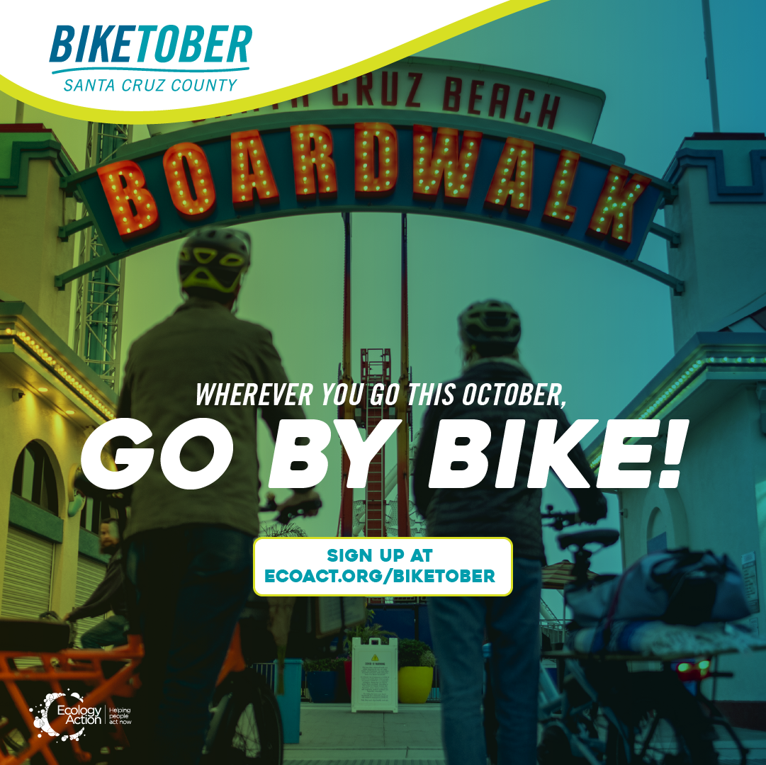 Biketober Santa Cruz County social media post with two people pushing their bikes down a road underneath a light up sign 'Boardwalk'. They have helmets on and the image has a green blue overlay theme. Text reads 'where you go this October, go by bike!'. Biketober Santa Cruz County social media post with two people pushing their bikes down a road underneath a light up sign 'Boardwalk'. They have helmets on and the image has a green blue overlay theme. Text reads 'where you go this October, go by bike!'.
