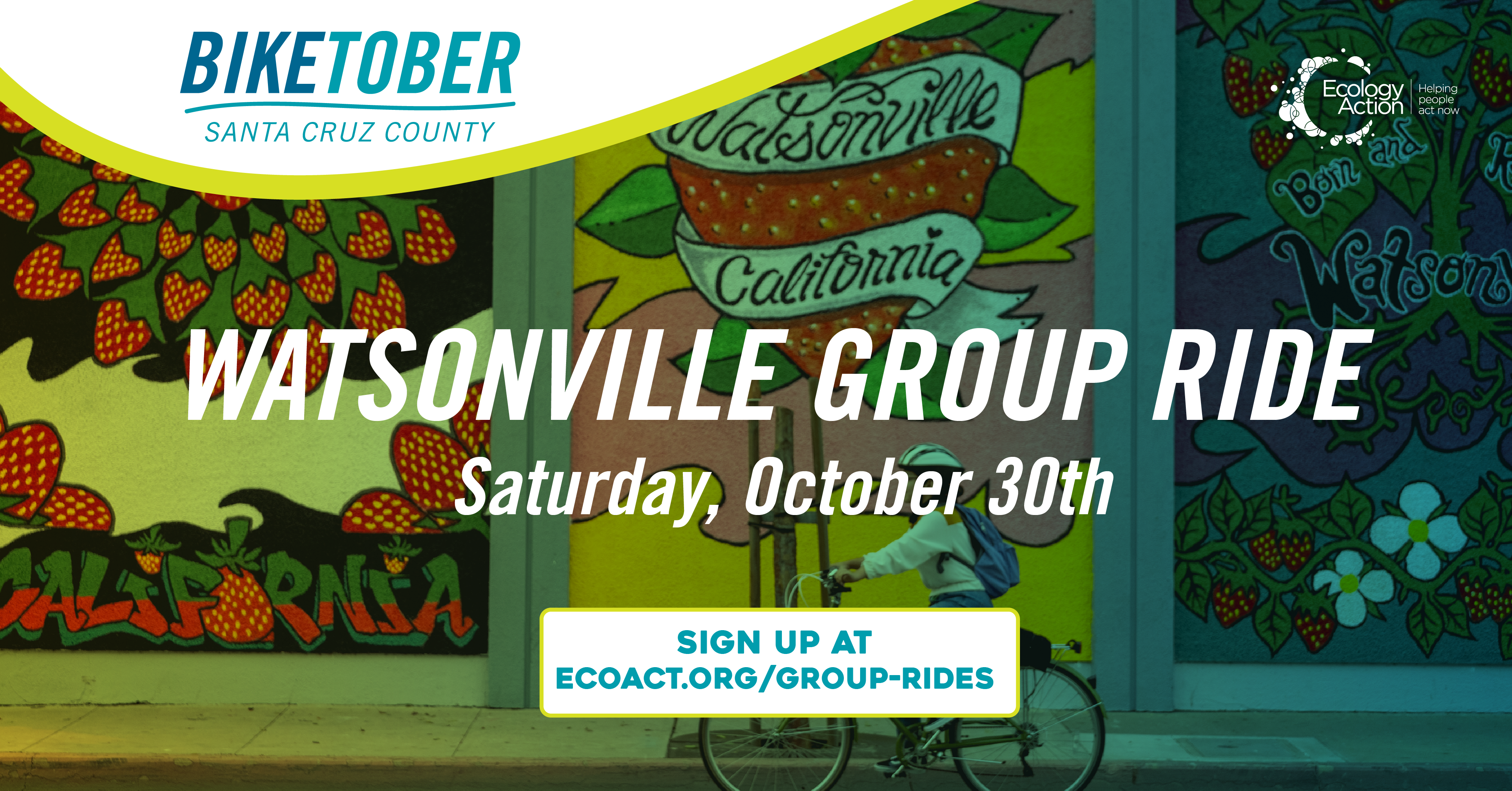 Biketober Santa Cruz County social media post with a person riding their bike down a street. The rider is pictured in front of a shop with graffiti style windows. The rider has a helmet on and the image has a green blue overlay theme. Text reads 'Watsonville group ride Saturday, October 30th'. Biketober Santa Cruz County social media post with a person riding their bike down a street. The rider is pictured in front of a shop with graffiti style windows. The rider has a helmet on and the image has a green blue overlay theme. Text reads 'Watsonville group ride Saturday, October 30th'.