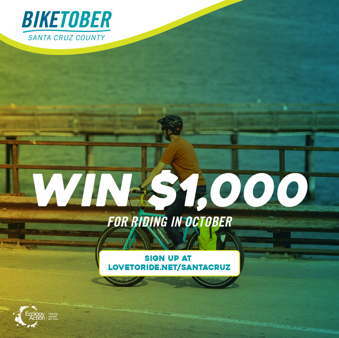 Biketober Santa Cruz County post of a person riding their bike with a helmet on. The image has a green blue overlay theme. Text reads 'win $1000 for riding in October'. Biketober Santa Cruz County post of a person riding their bike with a helmet on. The image has a green blue overlay theme. Text reads 'win $1000 for riding in October'.