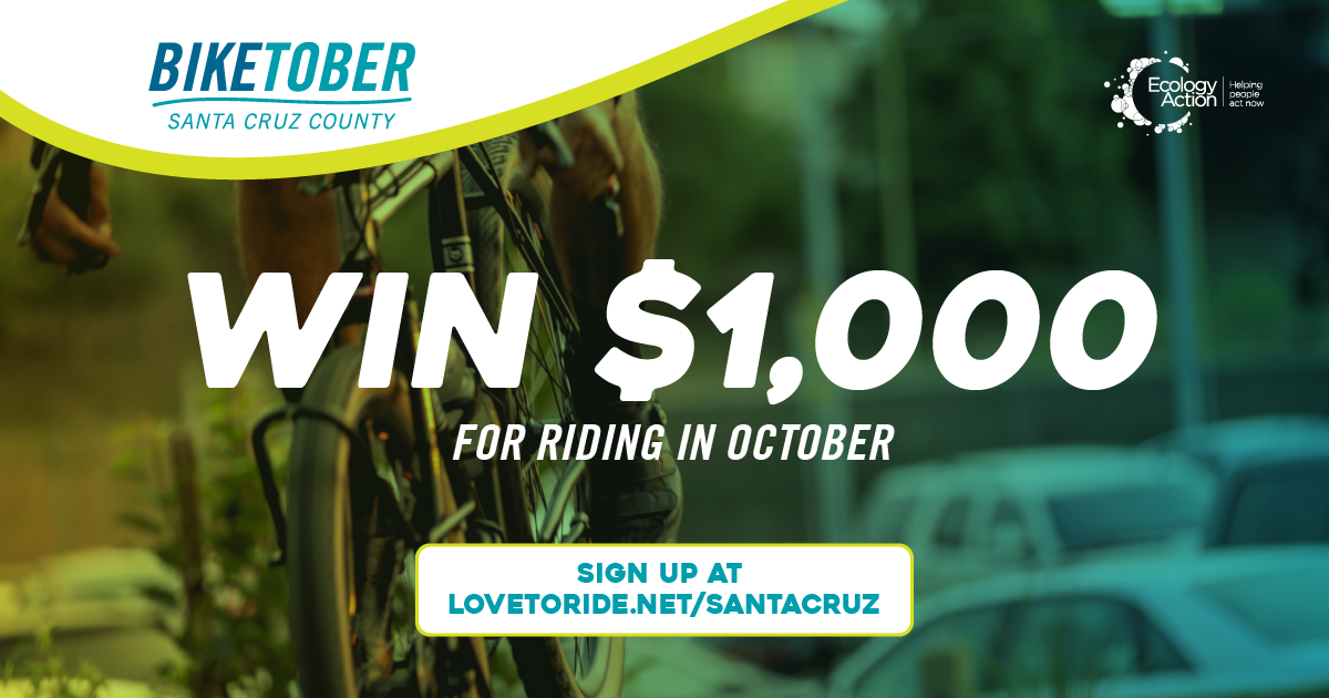 Biketober Santa Cruz County poster with a zoomed in image of a bike wheel and handle bars with a green blue overlay theme. Text reads 'win $1000 for riding in October'. Biketober Santa Cruz County poster with a zoomed in image of a bike wheel and handle bars with a green blue overlay theme. Text reads 'win $1000 for riding in October'.