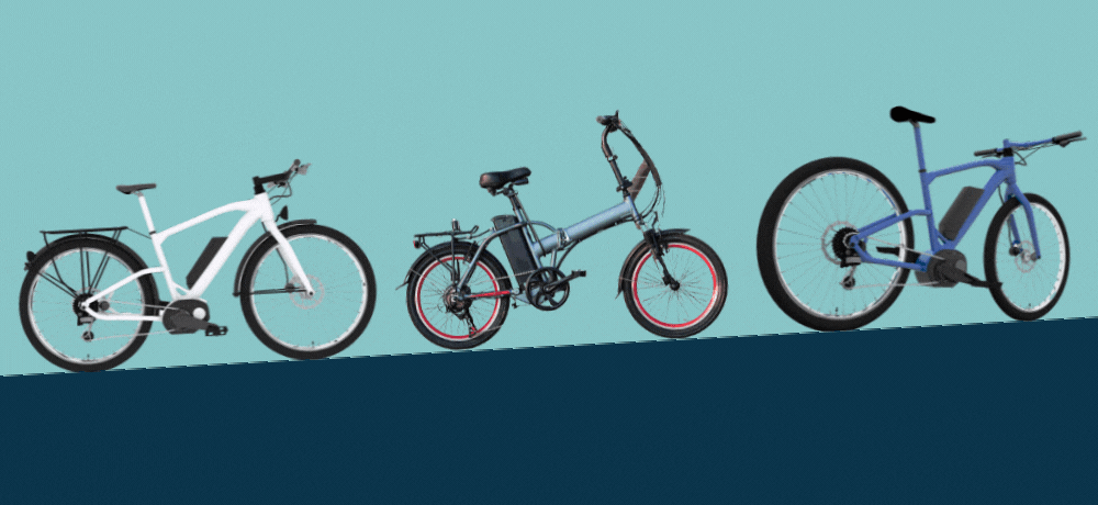 Three different e-bikes on a slope with the text 'win an e-bike of your choice' underneath. Three different e-bikes on a slope with the text 'win an e-bike of your choice' underneath.