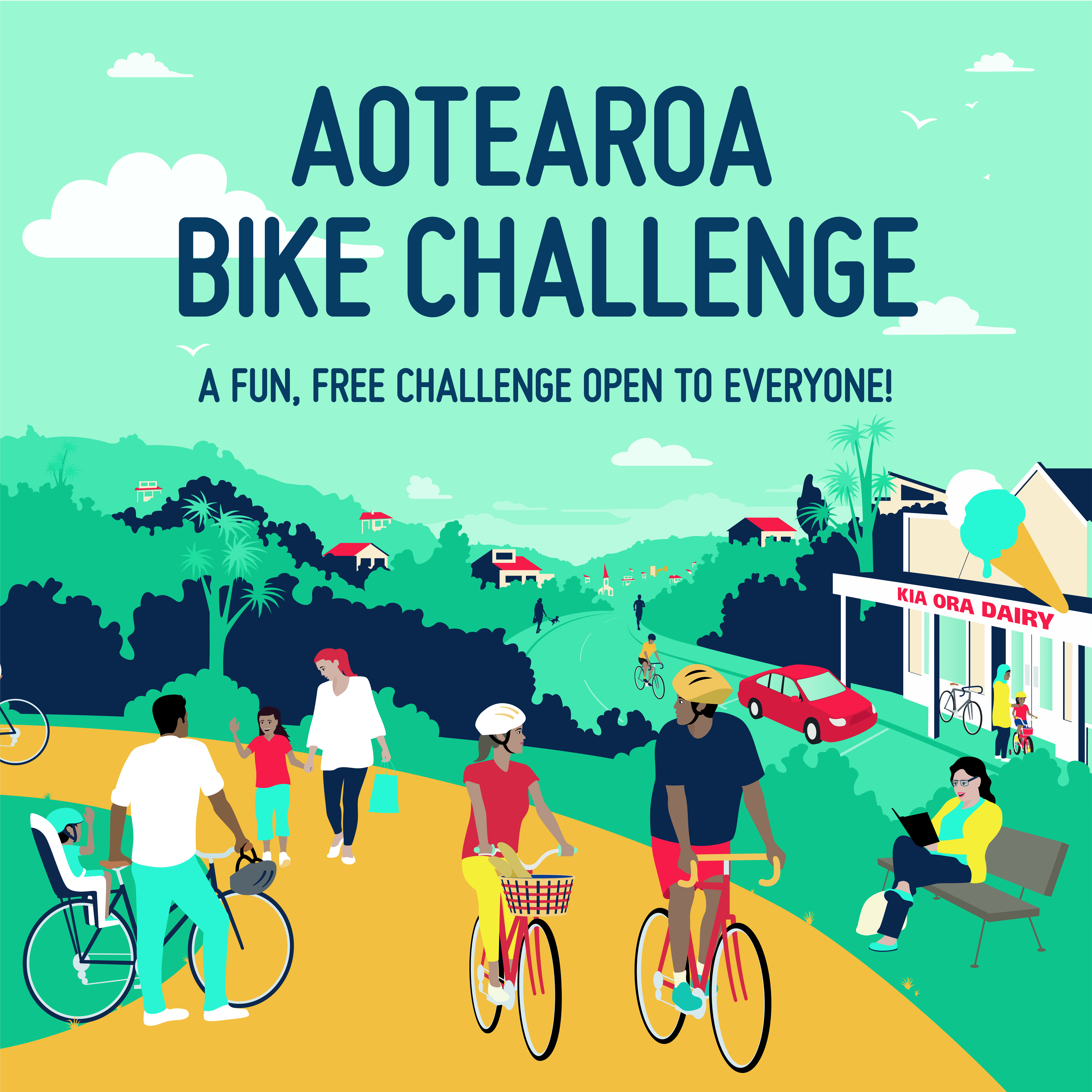 A square image with 'Aotearoa Bike Challenge, a fun free challenge open to everyone!' Below is an illustrated landscape with mountains behind and a cycle path leading to the front. People are illustrated cycling with helmets on, adults and children amongst others who are walking and sat in the surrounding scenery. A square image with 'Aotearoa Bike Challenge, a fun free challenge open to everyone!' Below is an illustrated landscape with mountains behind and a cycle path leading to the front. People are illustrated cycling with helmets on, adults and children amongst others who are walking and sat in the surrounding scenery.
