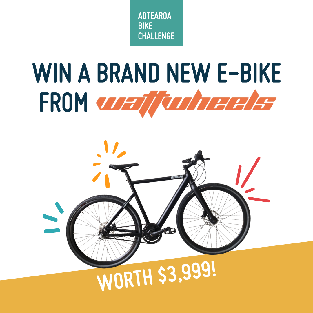 At the top is the text 'WIN A BRAND NEW E-BIKE FROM WATTWHEELS' in blue. 'Wattwheels' is in orange and italicised. Underneath, is a black e-bike with text underneath 'worth $3,999!' At the top is the text 'WIN A BRAND NEW E-BIKE FROM WATTWHEELS' in blue. 'Wattwheels' is in orange and italicised. Underneath, is a black e-bike with text underneath 'worth $3,999!'