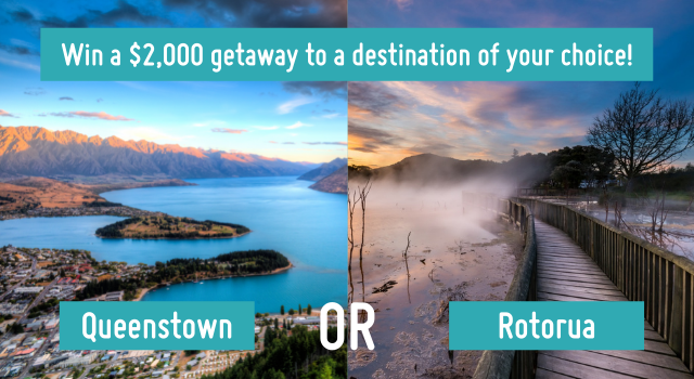 Text at the top says 'win a $2,000 getaway to a destination of your choice!'. The image is split into two halves, with a beach on the Cook Islands on the left labelled 'Cook Islands' and temples by the water on the right, labelled 'Indonesia'. Between the two images it says 'or'. Text at the top says 'win a $2,000 getaway to a destination of your choice!'. The image is split into two halves, with a beach on the Cook Islands on the left labelled 'Cook Islands' and temples by the water on the right, labelled 'Indonesia'. Between the two images it says 'or'.