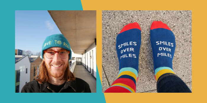 On the left, a photo of a man with shoulder-length hair and glasses wearing a blue fine knitted beanie with the Love to Ride logo on the front in pale yellow. On the right, a photo of some feet wearing Love to Ride stiped socks which have the line 'smiles over miles' displayed on the top part. On the left, a photo of a man with shoulder-length hair and glasses wearing a blue fine knitted beanie with the Love to Ride logo on the front in pale yellow. On the right, a photo of some feet wearing Love to Ride stiped socks which have the line 'smiles over miles' displayed on the top part.