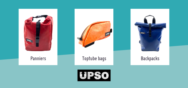 Graphic with three different bike bags. One red pannier bag, one orange toptube bag and one blue backpack. Below is the UPSO logo. Graphic with three different bike bags. One red pannier bag, one orange toptube bag and one blue backpack. Below is the UPSO logo.